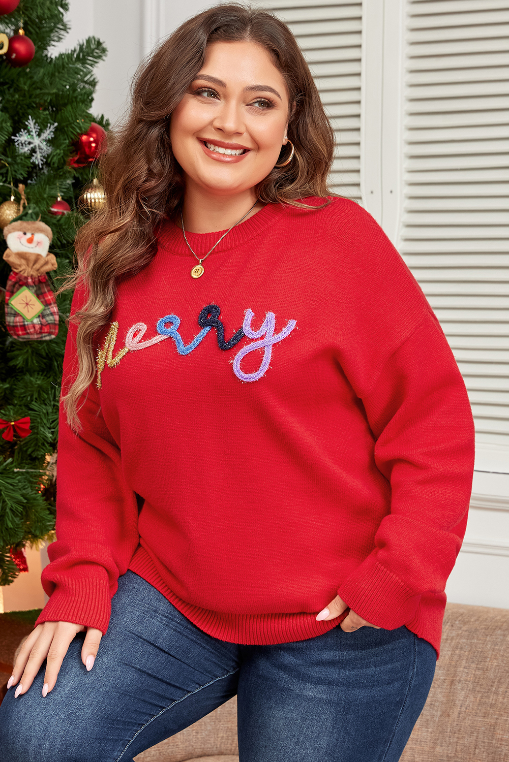Fiery Red Tinsel Merry Letter Drop Shoulder Baggy Sweater - loveforevers