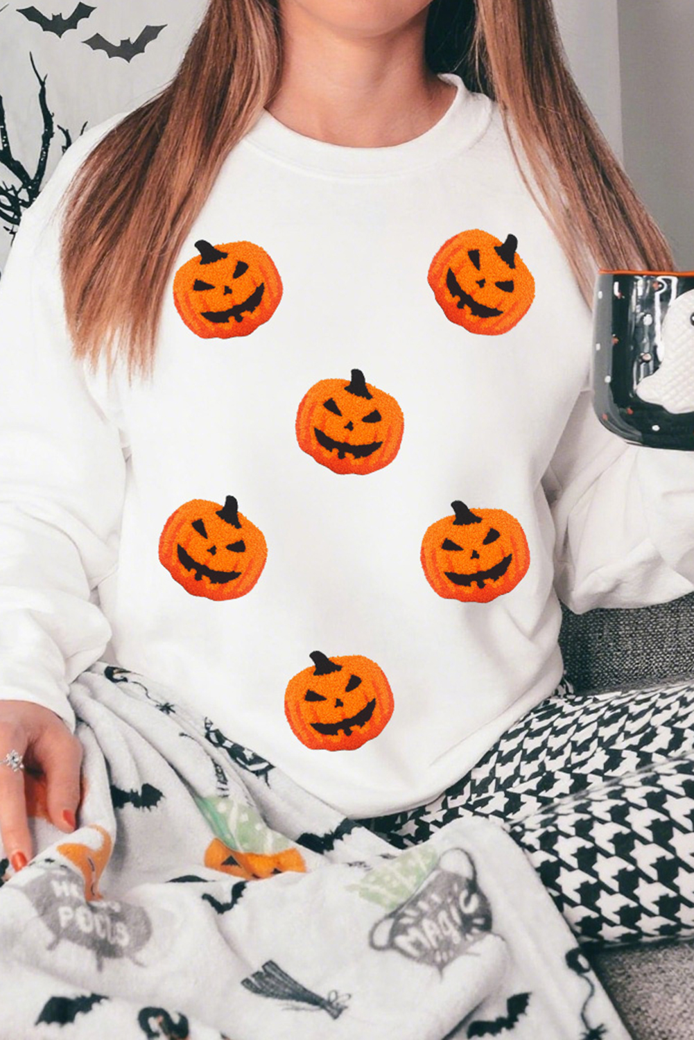 White Pumpkin Face Patched Pattern Halloween Crew Neck Sweatshirt - loveforevers