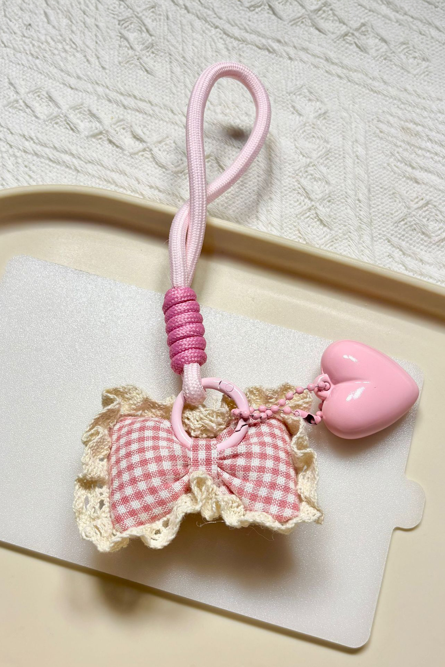 Pink Puffy Heart Crochet Trim Plaid Bow Rope Dangle Keychain Bag Accessory - loveforevers
