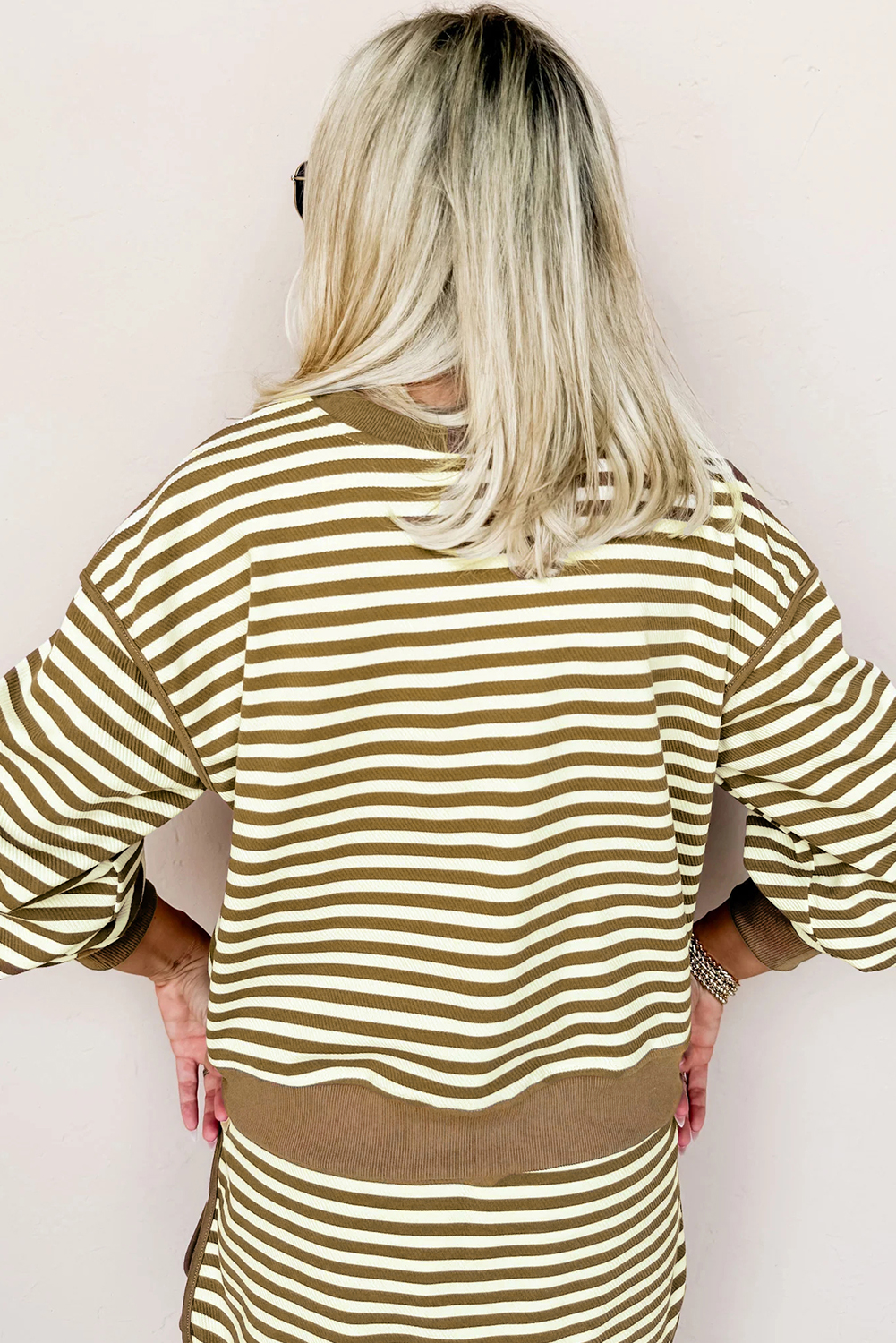 Black Stripe Textured Drop Shoulder Pullover Top Drawstring Mini Skort Two Piece Dress Set - loveforevers