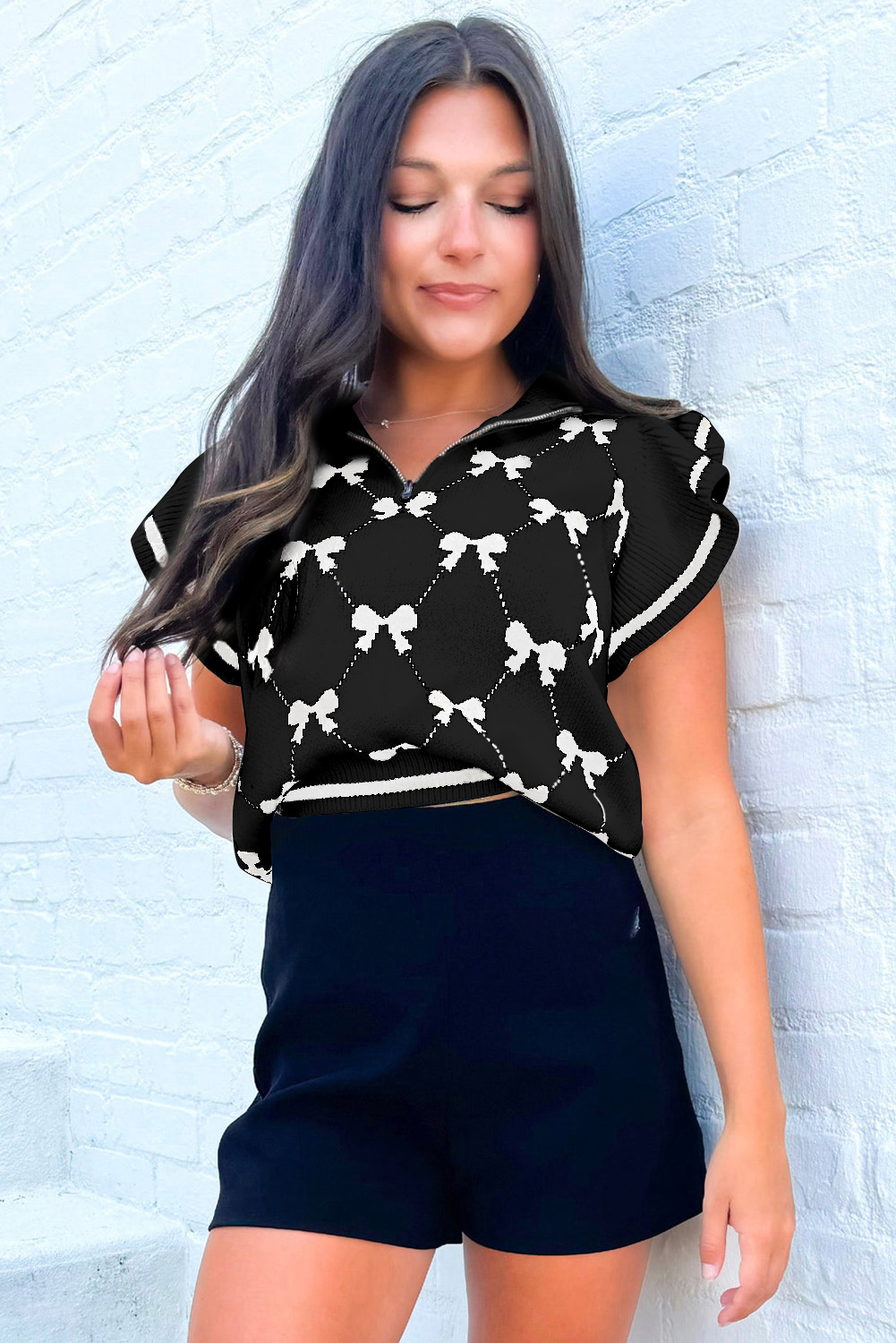 Black Preppy Vibes Bow Print Zipped Collar Sweater Tee - loveforevers