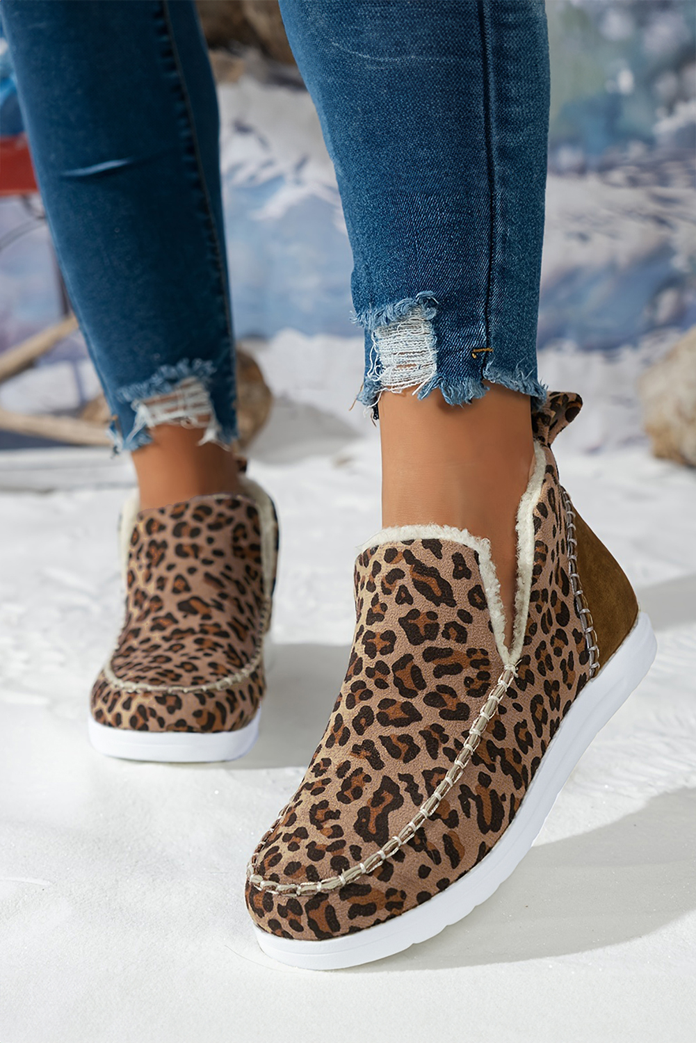 Brown Leopard Print Ankle Patched Flat Winter Fur Boots - loveforevers