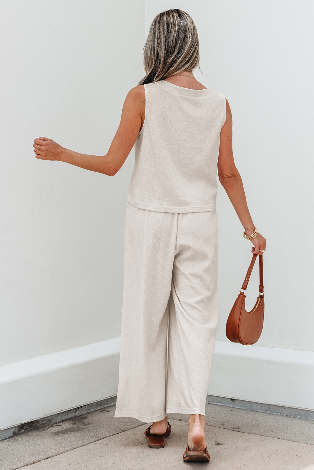 Apricot Buttoned V Neck Tank Top and Wide Leg Pants Casual Outfit - loveforevers