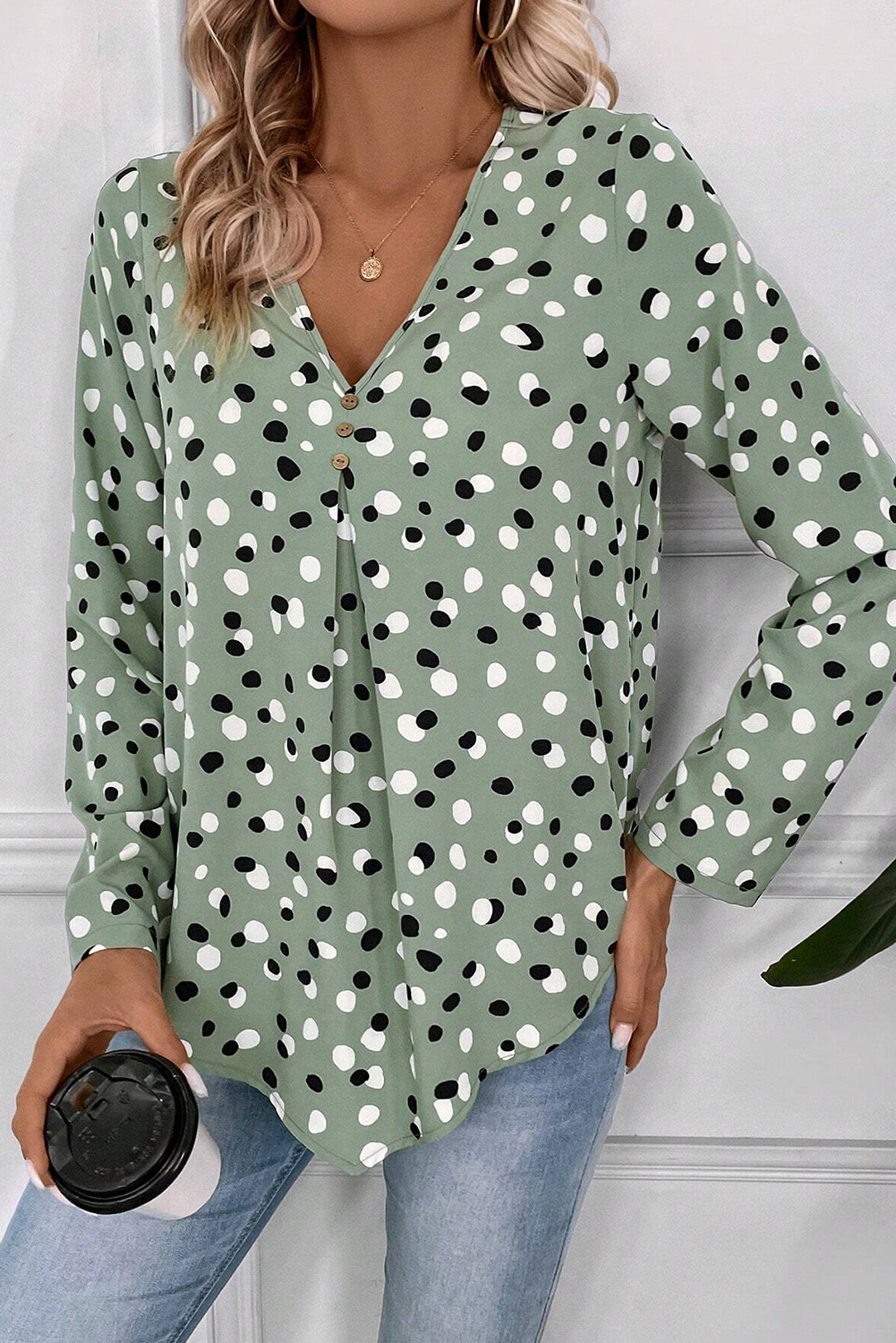 Green Polka Dot Print Button Front V Neck Blouse - loveforevers