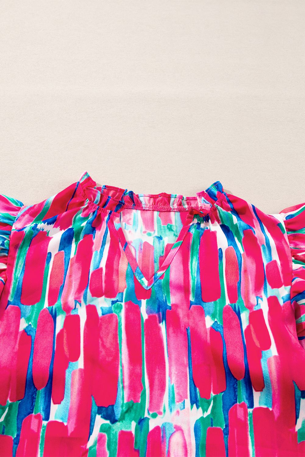 Rose Abstract Brush Print Ruffled Sleeve Frill V Neck Blouse - loveforevers