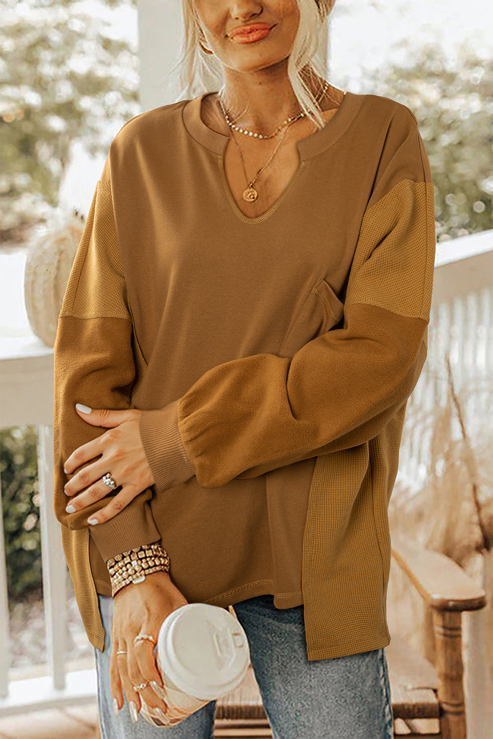 Multicolor Oversized Mixed Textured Split Neck High Low Patchwork Sweatshirt - loveforevers