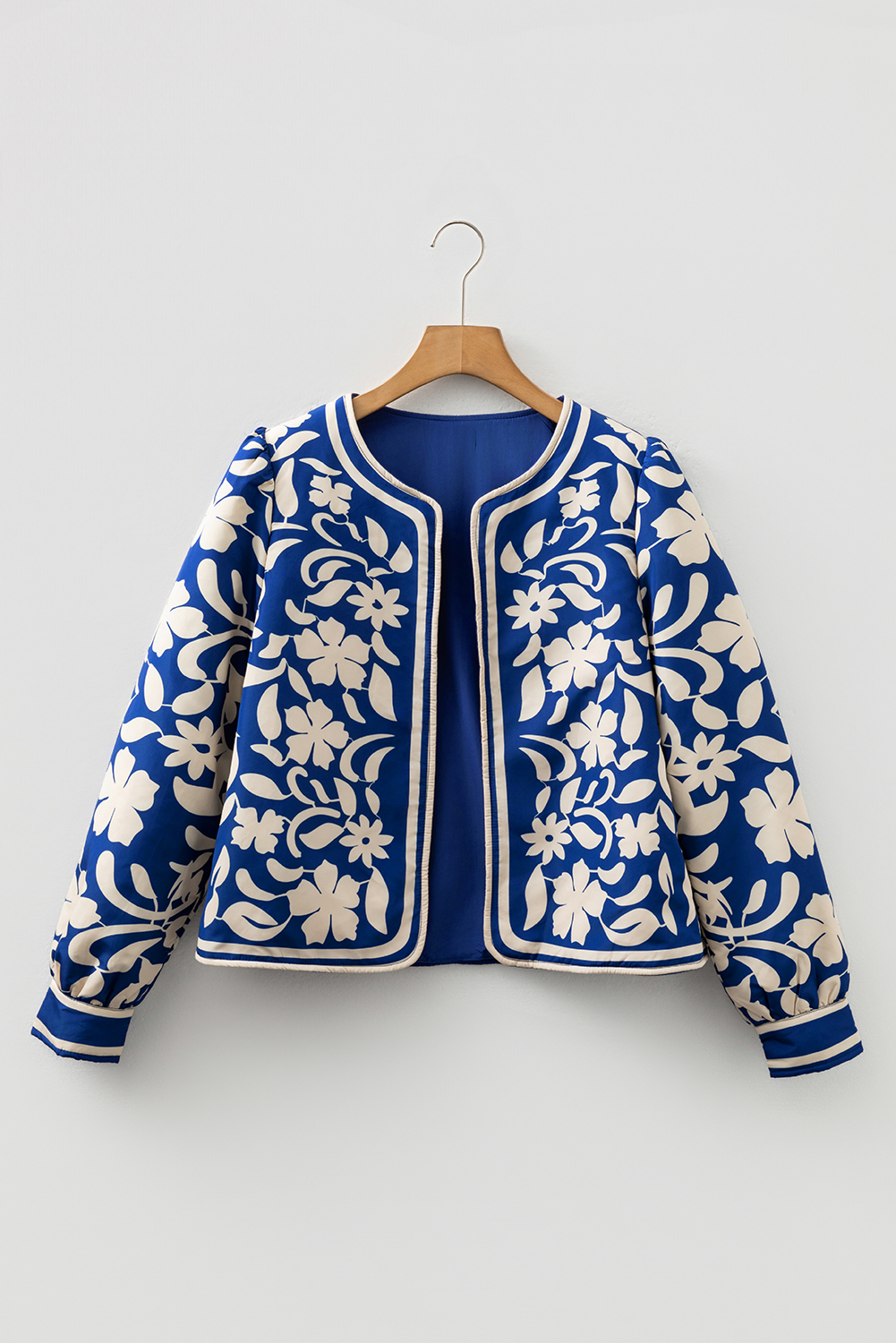 Blue Flower Print Open Front Buttoned Cuffs Elegant Jacket - loveforevers