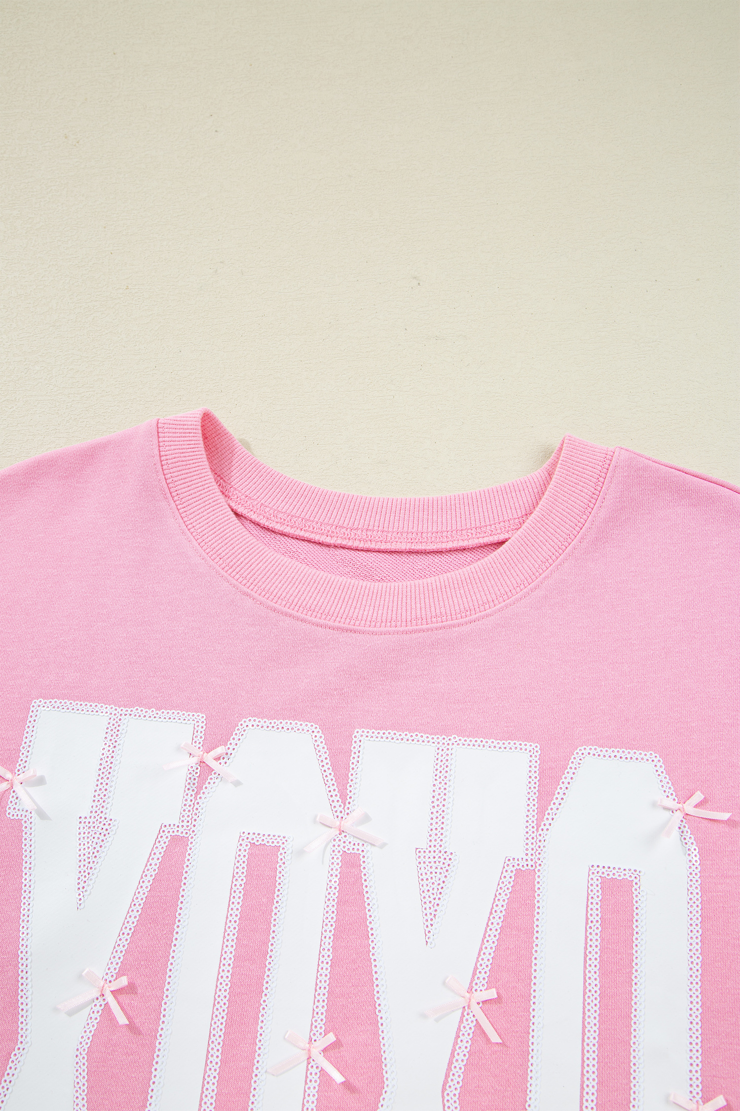 White Bow Sequin XOXO Letter Graphic Exposed Seam Baggy Sweatshirt - loveforevers