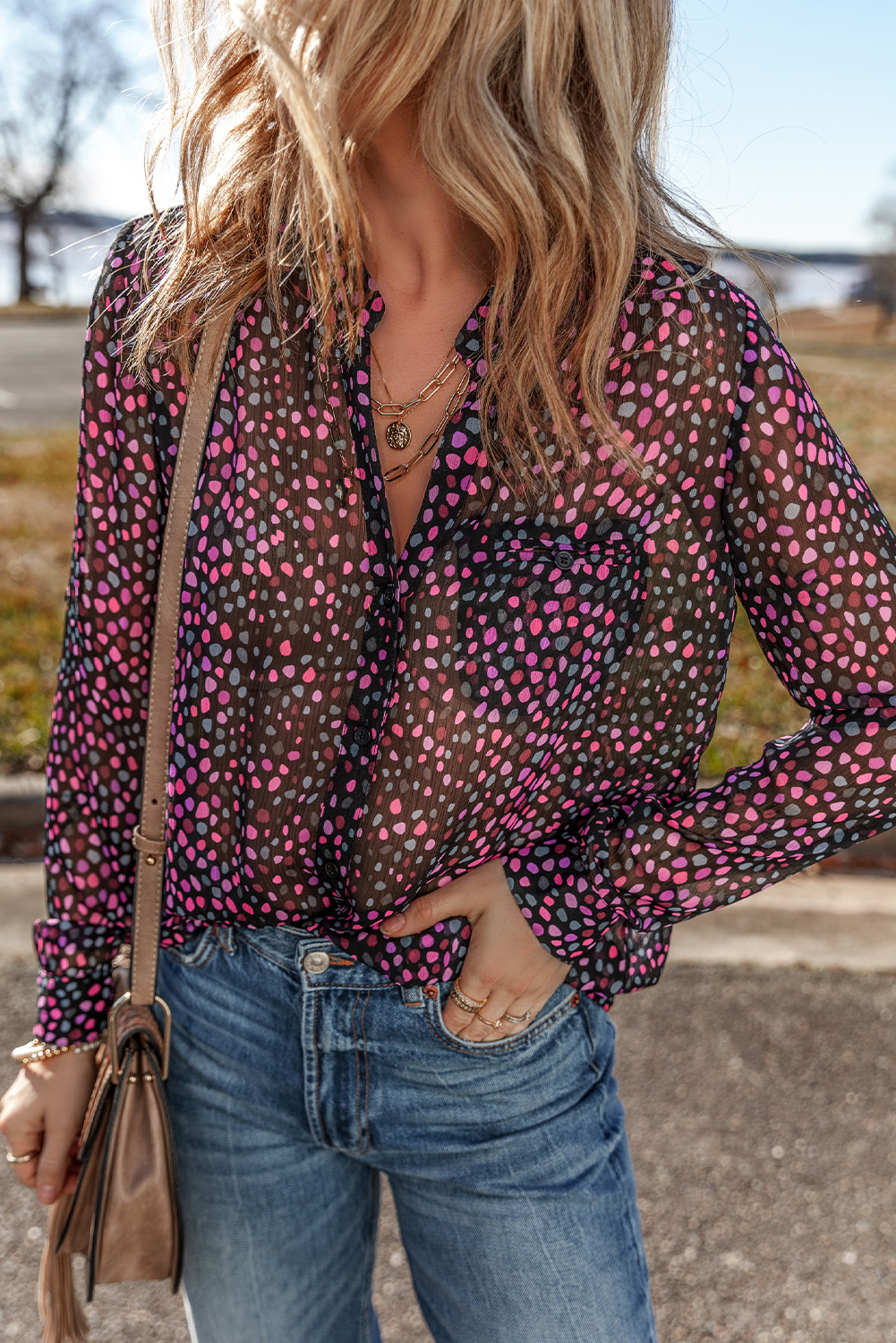 Grape Wine Polka Dot Printed Buttoned Casual Shirt - loveforevers