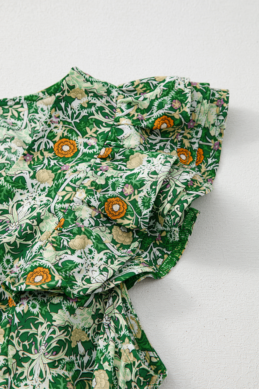 Green Flower Print Flutter Sleeve V Neck Sashed Ruffled Mini Dress - loveforevers