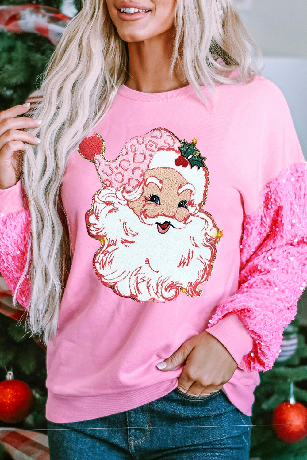 Pink Shiny Father Christmas Graphic Sequin Long Sleeve Top - loveforevers