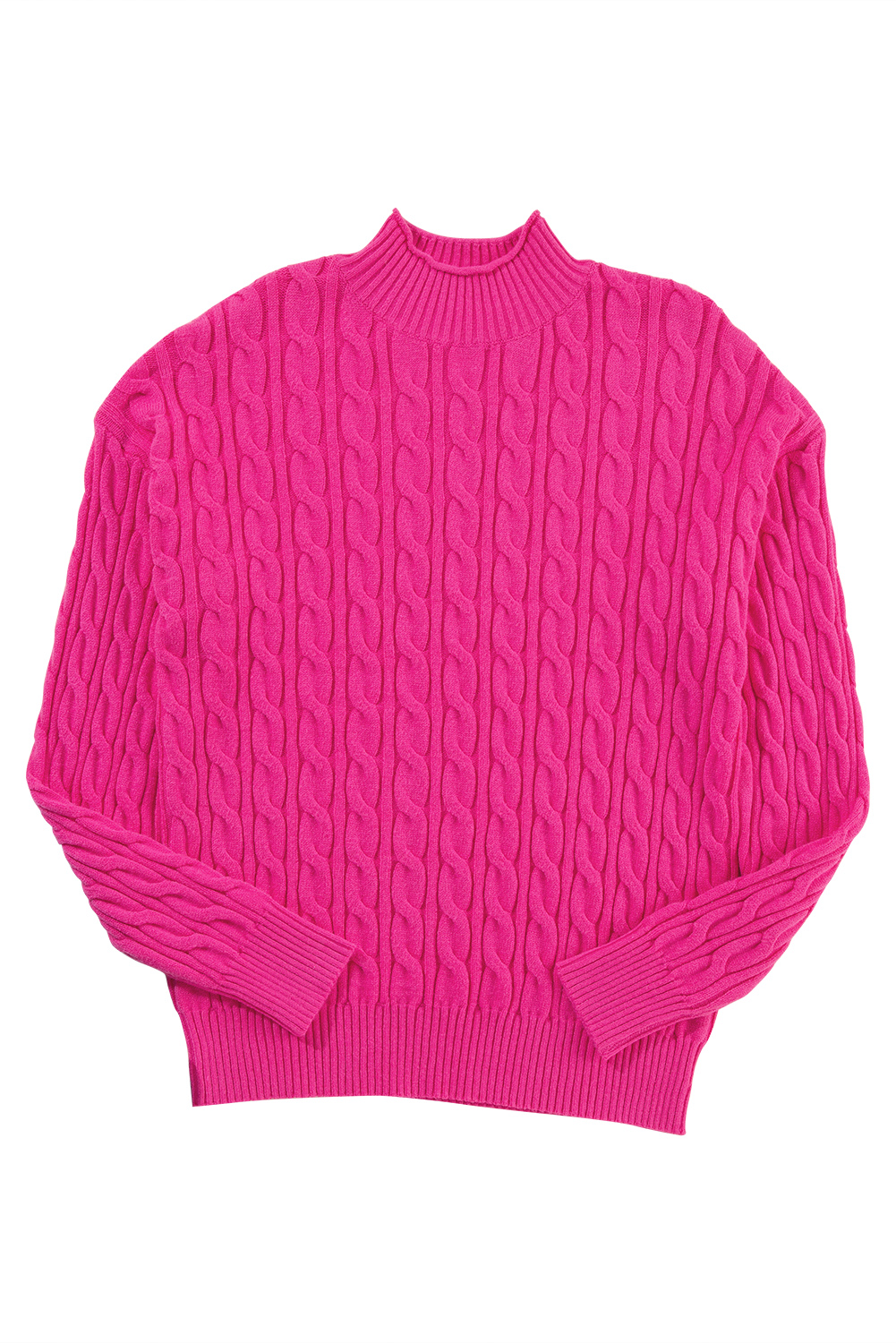Rose Red Solid Cable Knit High Neck Drop Shoulder Sweater - loveforevers