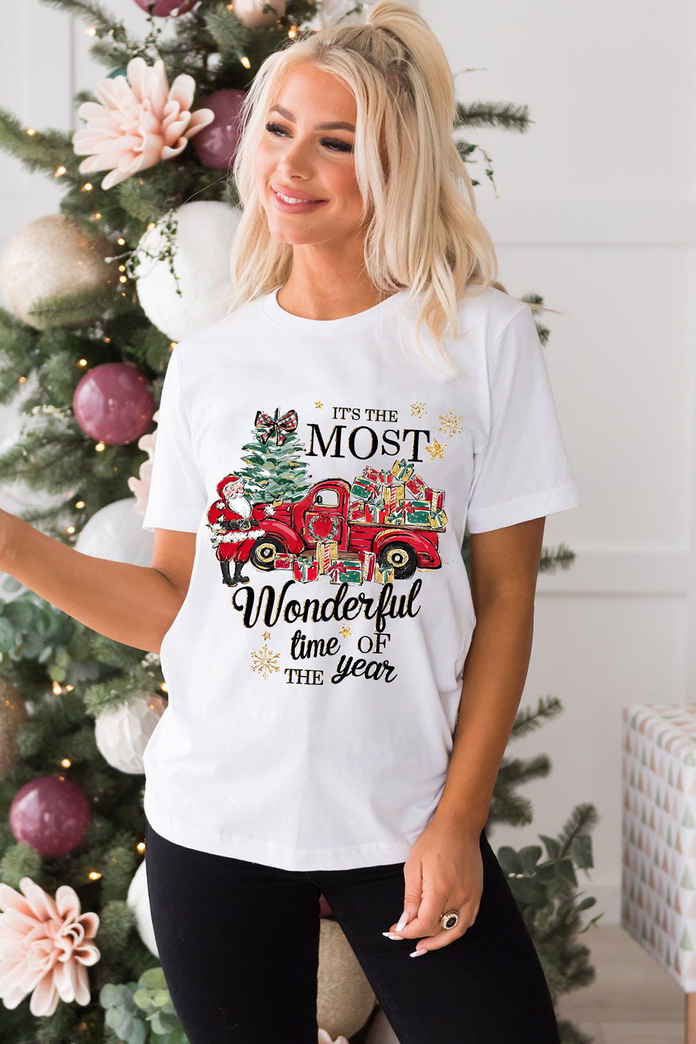 White Christmas Pattern Slogan Print Crew Neck T Shirt - loveforevers