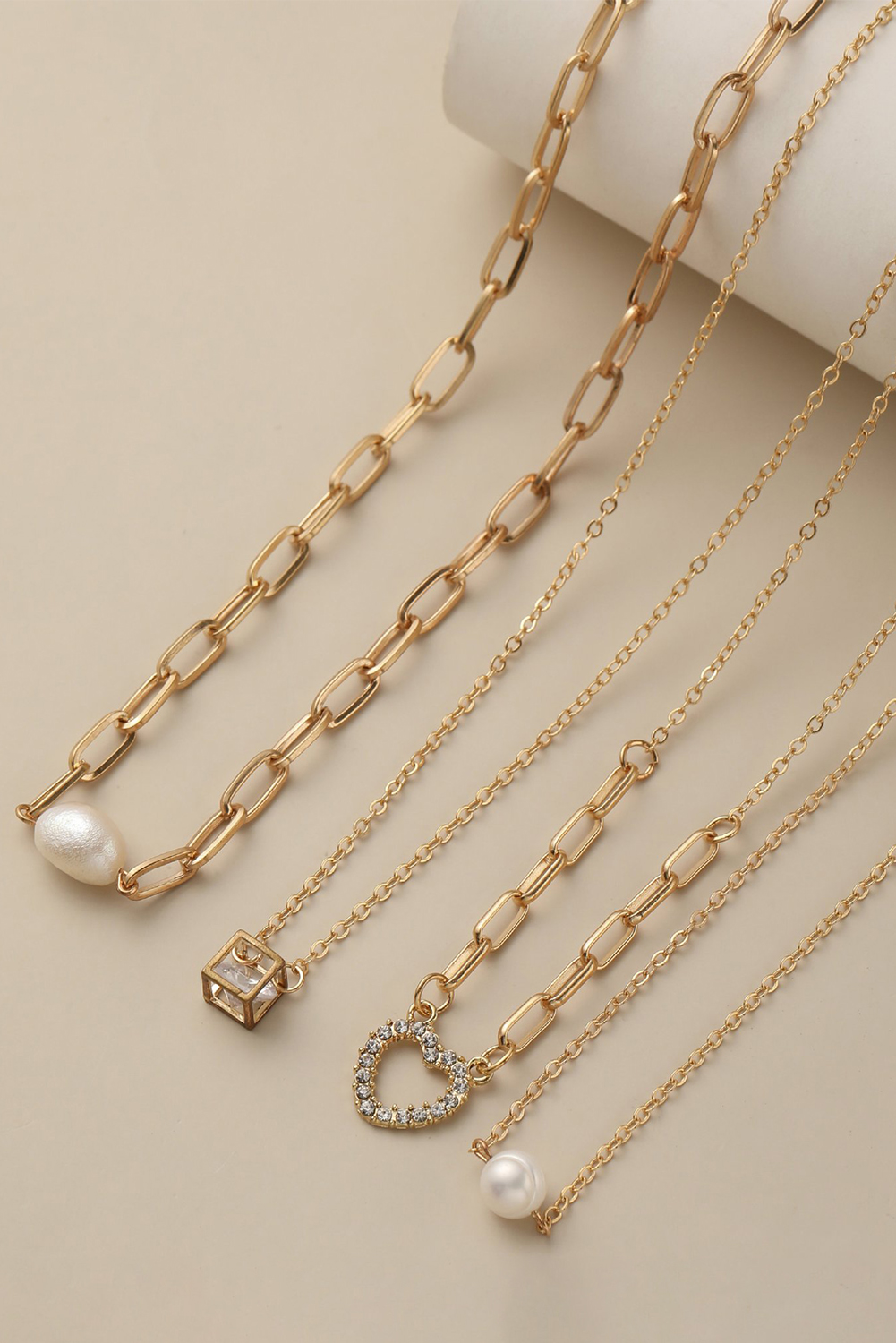 Gold 4pcs Pearl Cube Heart Pendant Plated Necklace Set - loveforevers
