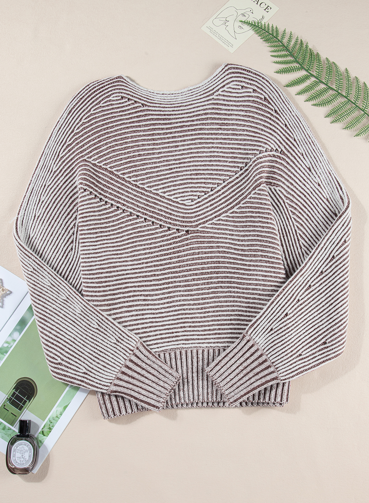 Coffee Striped Print Ribbed Knit Boat Neck Baggy Sweater - loveforevers