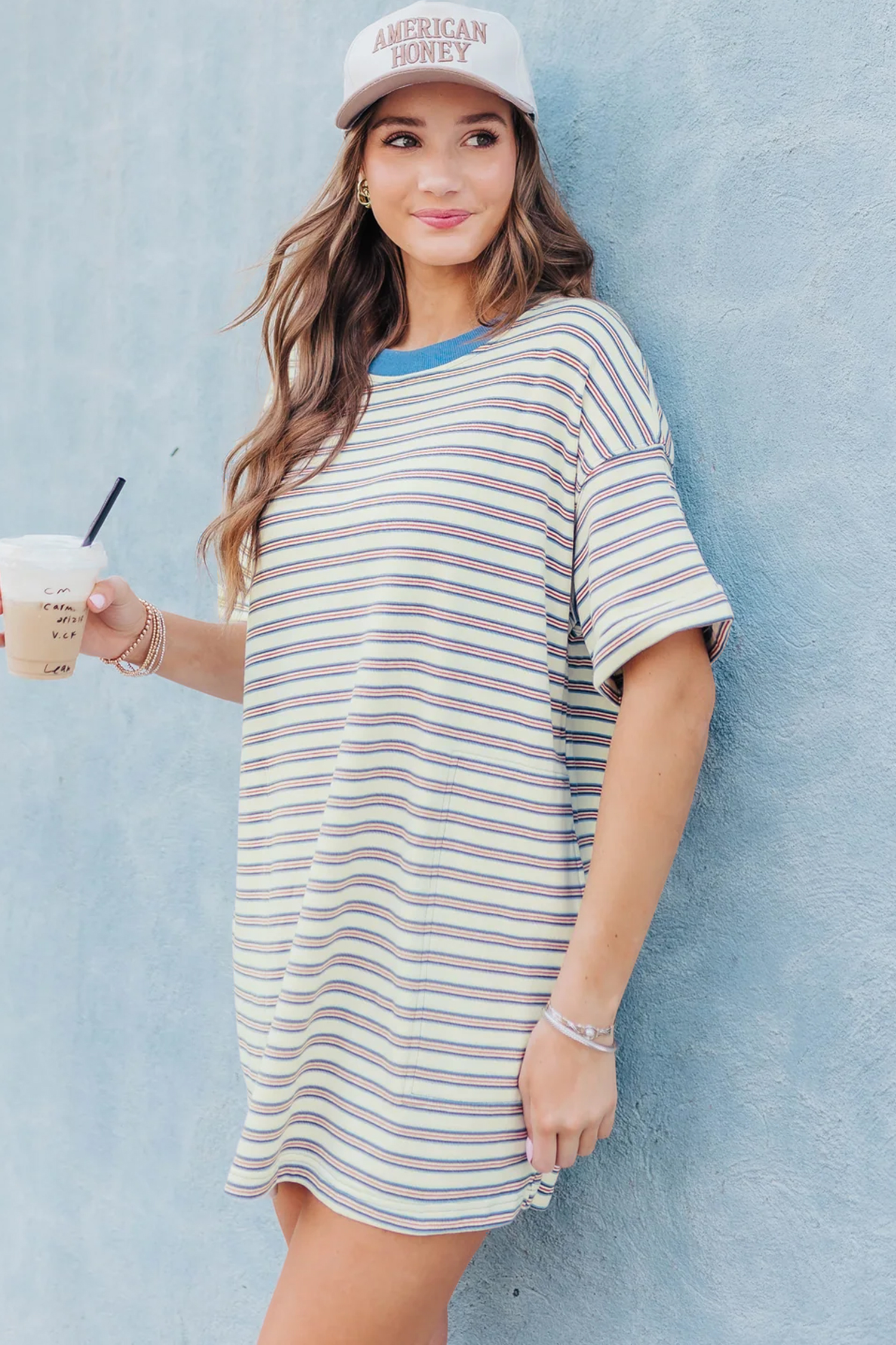 White Stripe Drop Shoulder Cuffed Sleeve Loose Tunic T Shirt Mini Dress - loveforevers