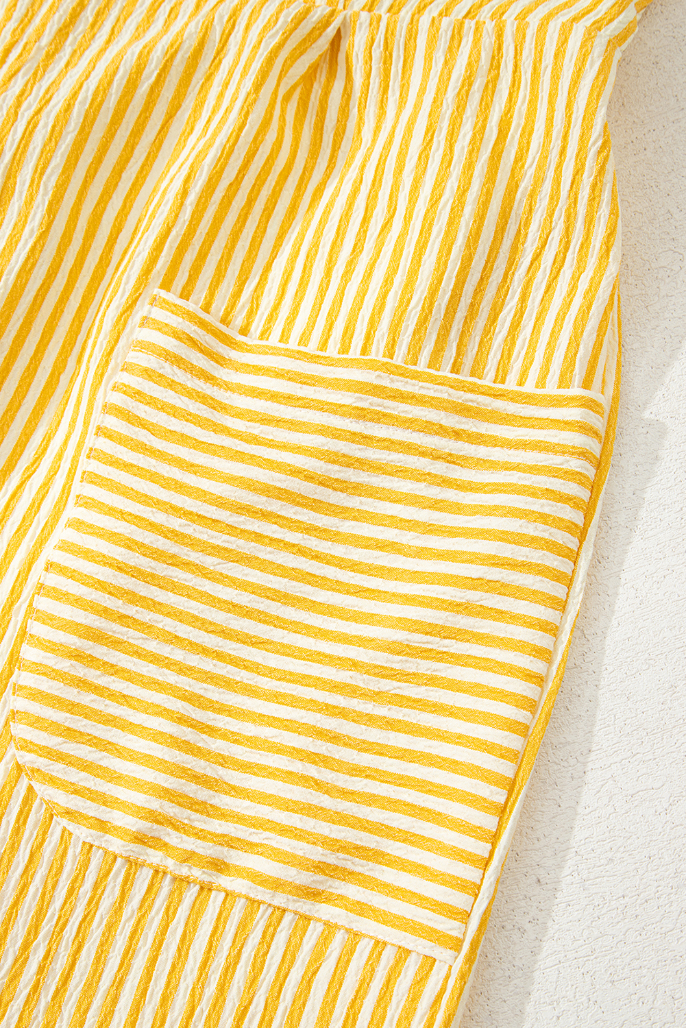 Yellow Stripe Shoulder Tie Smocked Back Wide Leg Casual Romper - loveforevers