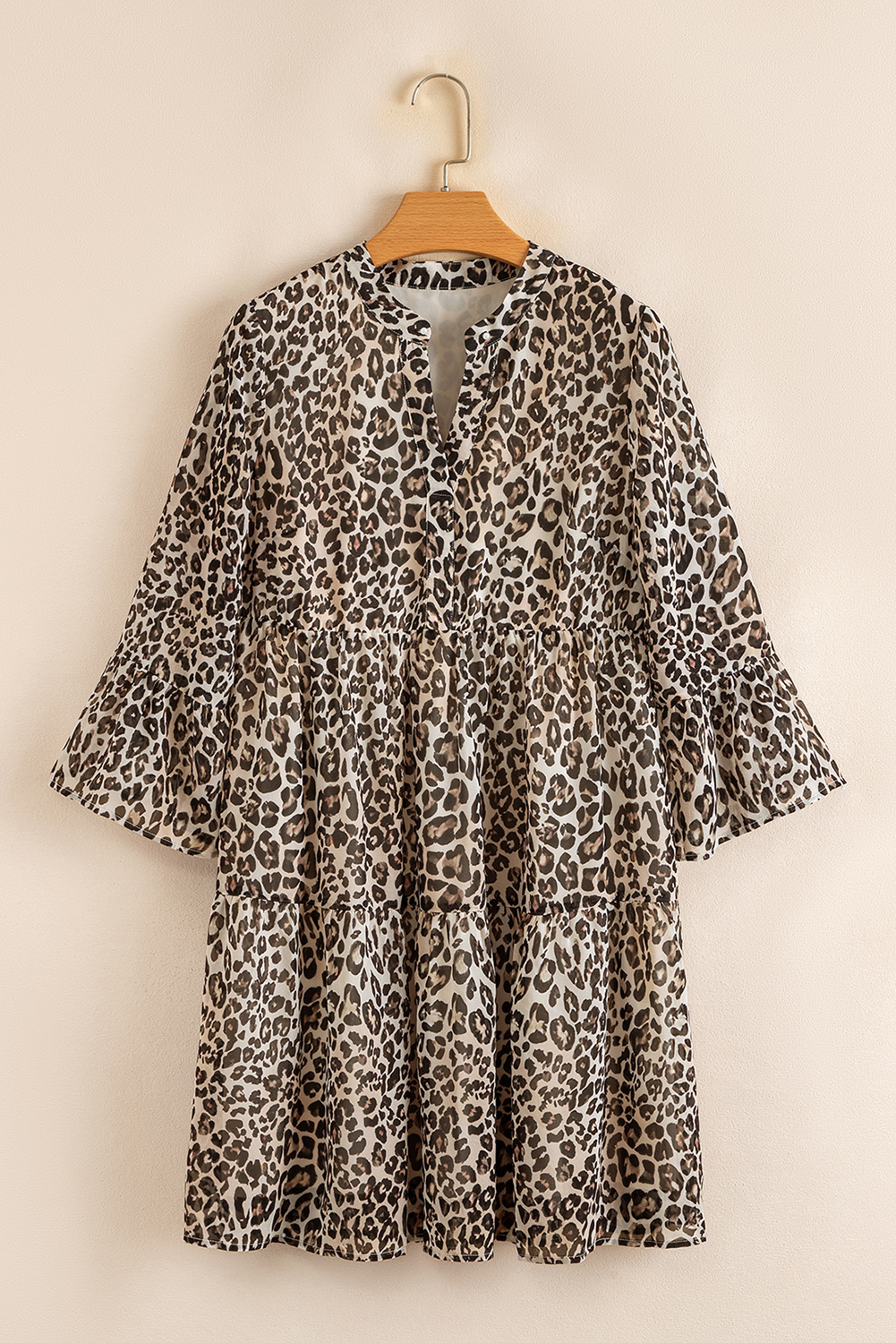 Khaki Leopard 3/4 Sleeve V Neck Swing Dress - loveforevers
