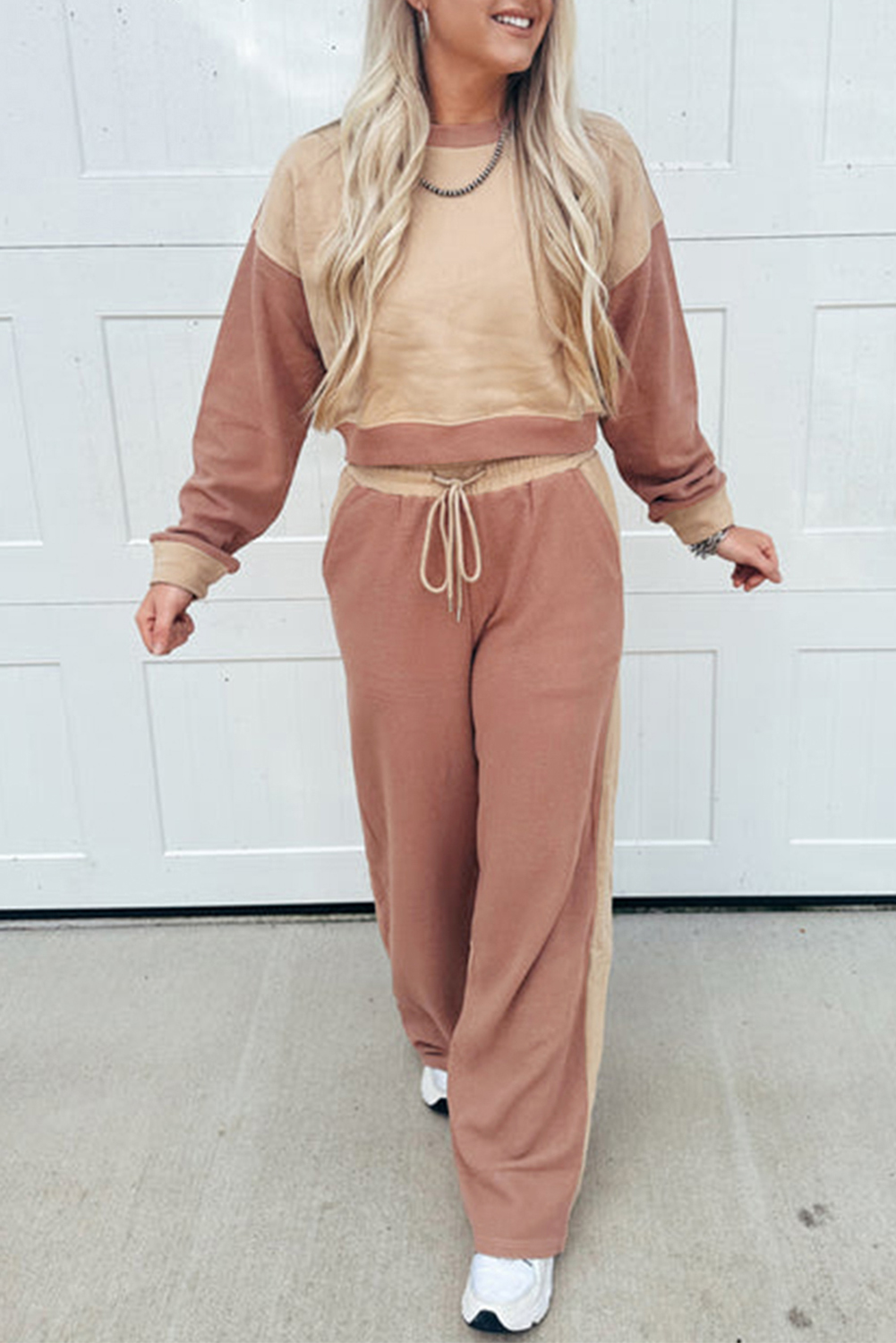Khaki Color Block Long Sleeve Crop Top Drawstring Pant Set - loveforevers