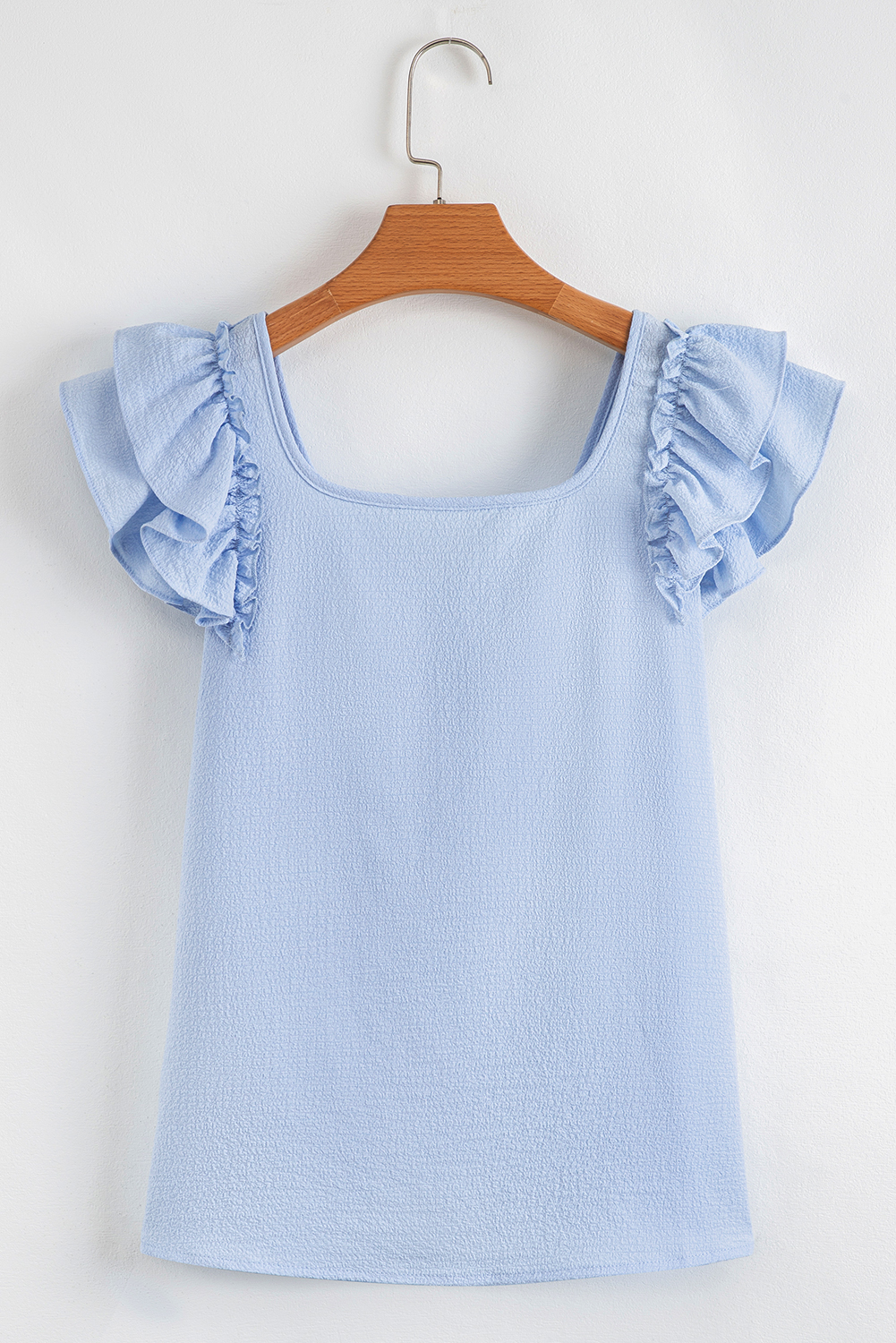 Beau Blue Textured Bow Knot Frilled Butterfly Sleeve Blouse - loveforevers