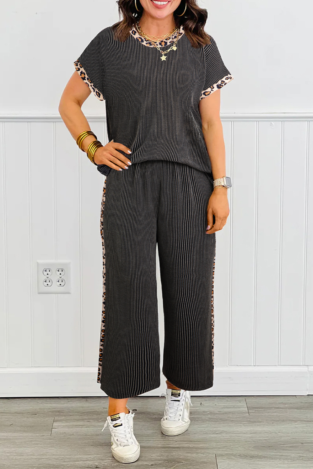 Carbon Grey Leopard Patchwork Edge Twisted Rib T Shirt and Cropped Pants Set - loveforevers