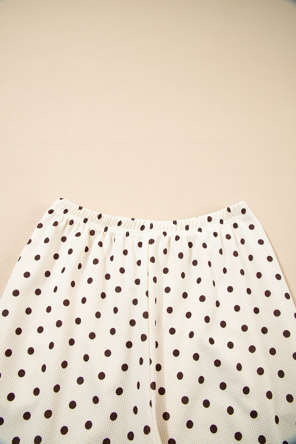 White Polka Dot Print Notched Neck Long Sleeve Top Drawstring Jogger Pants Waffle Knit Lounge Set - loveforevers