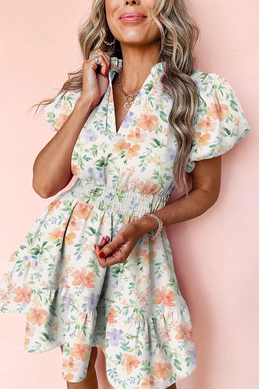 Beige Floral Print Shirred High Waist Puff Sleeve Mini Dress - loveforevers