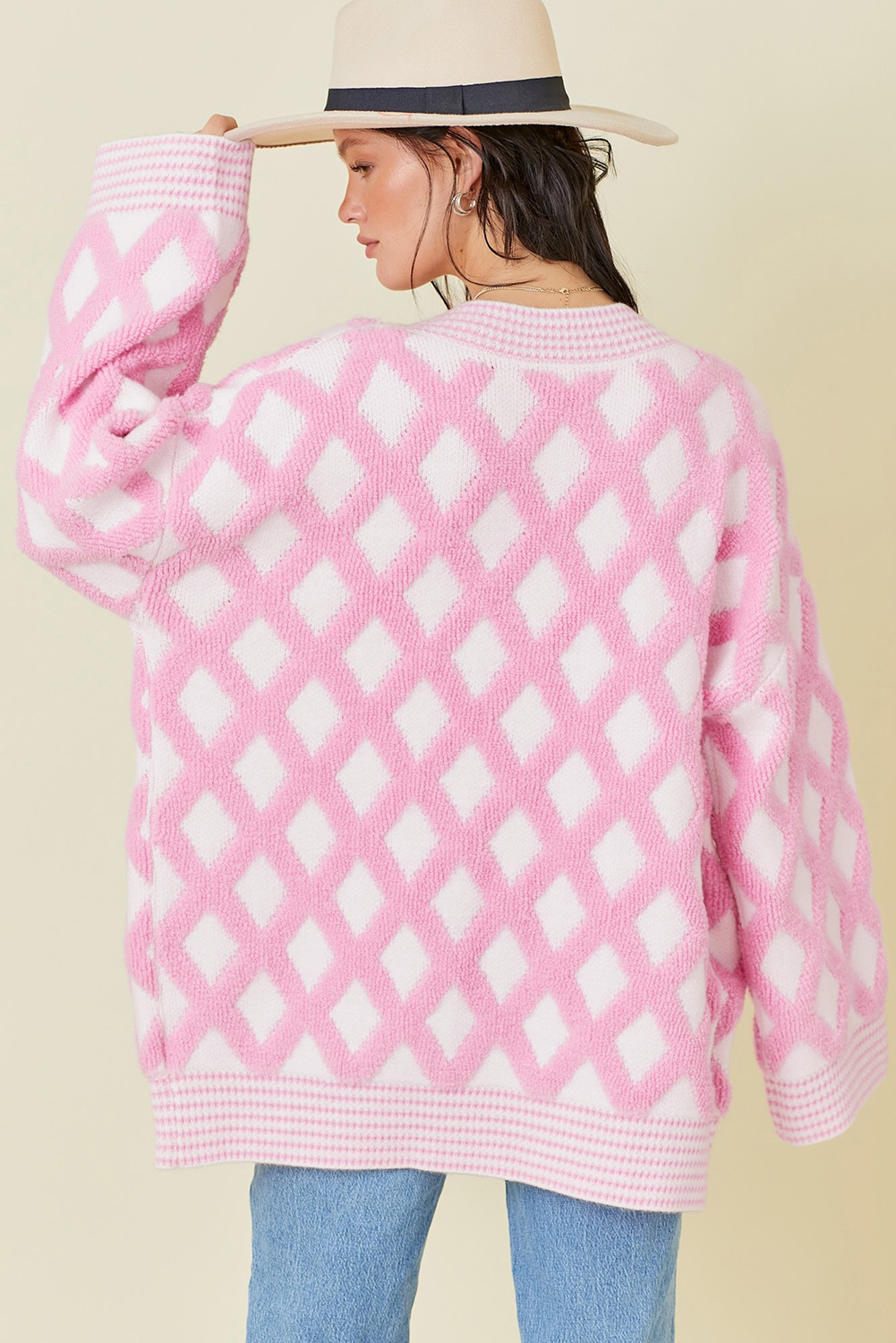 Pink Rhombus Pattern Knit Open Front Pocketed Cardigans - loveforevers