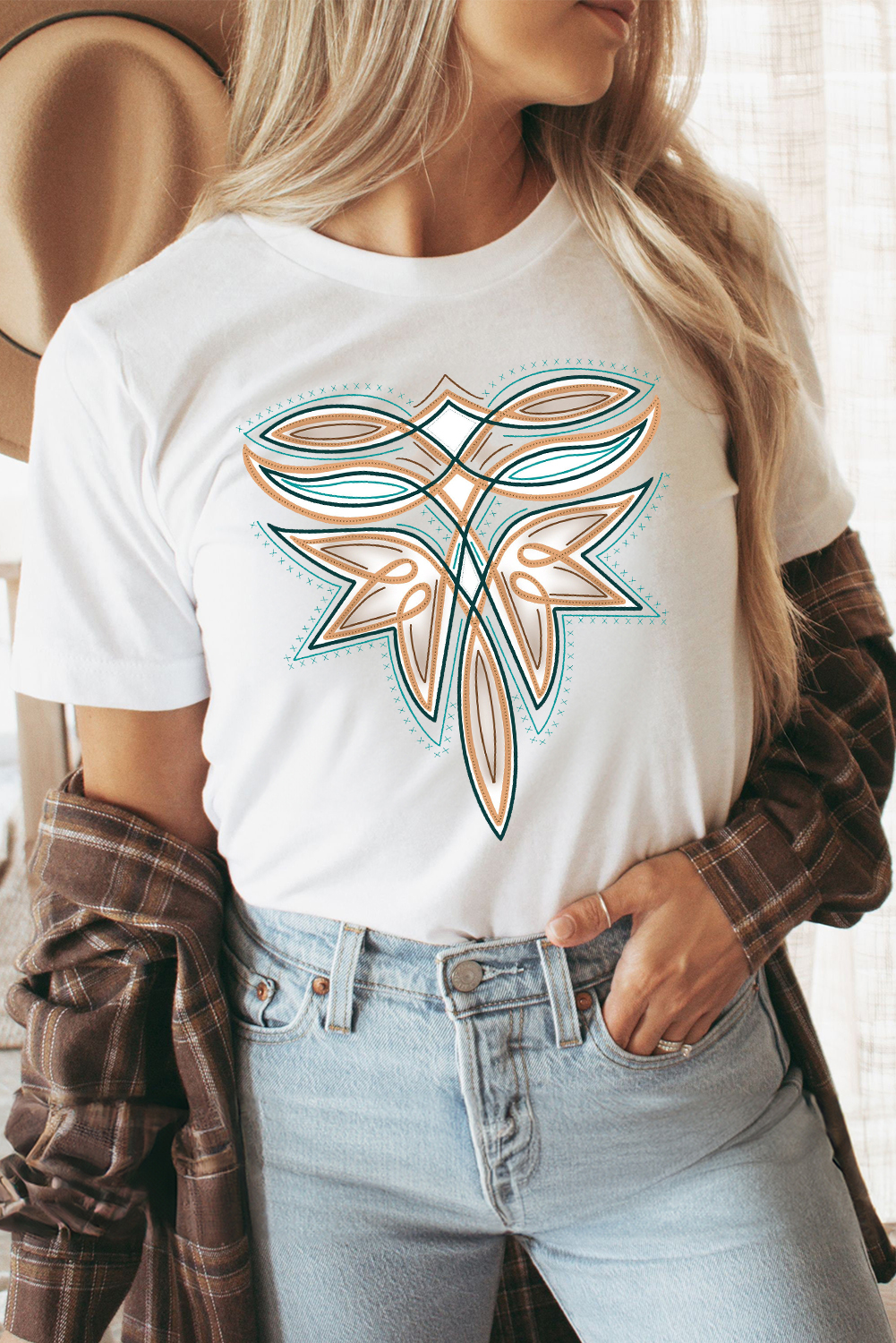 White Western Stitch Pattern Printed Cotton Blend Tee - loveforevers