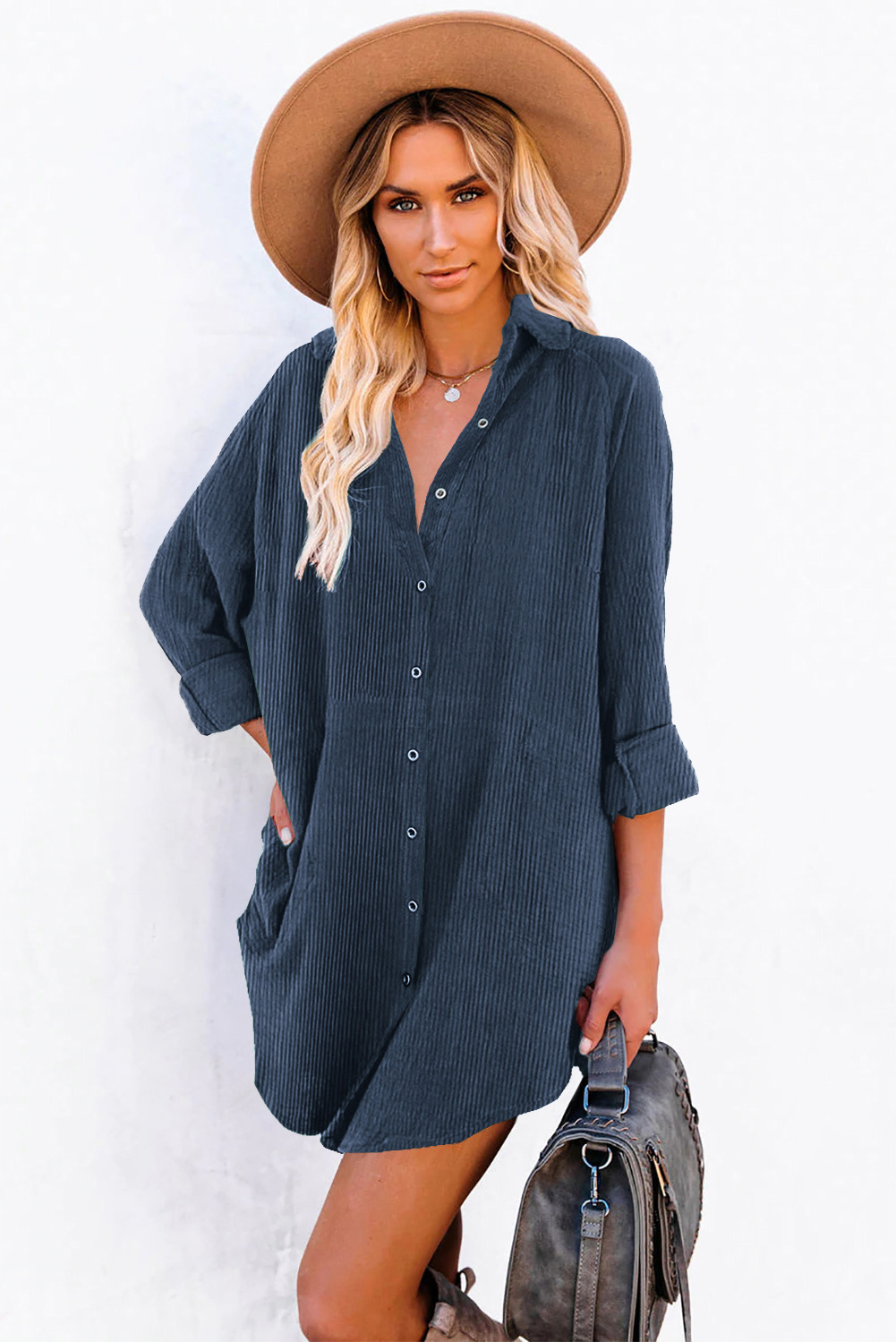Blue Corduroy Shirt Style Full Button Long Sleeve Shift Mini Dress - loveforevers