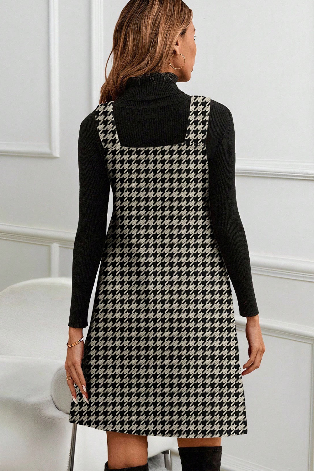 Khaki Houndstooth Print V Neck Sleeveless Mini Dress - loveforevers