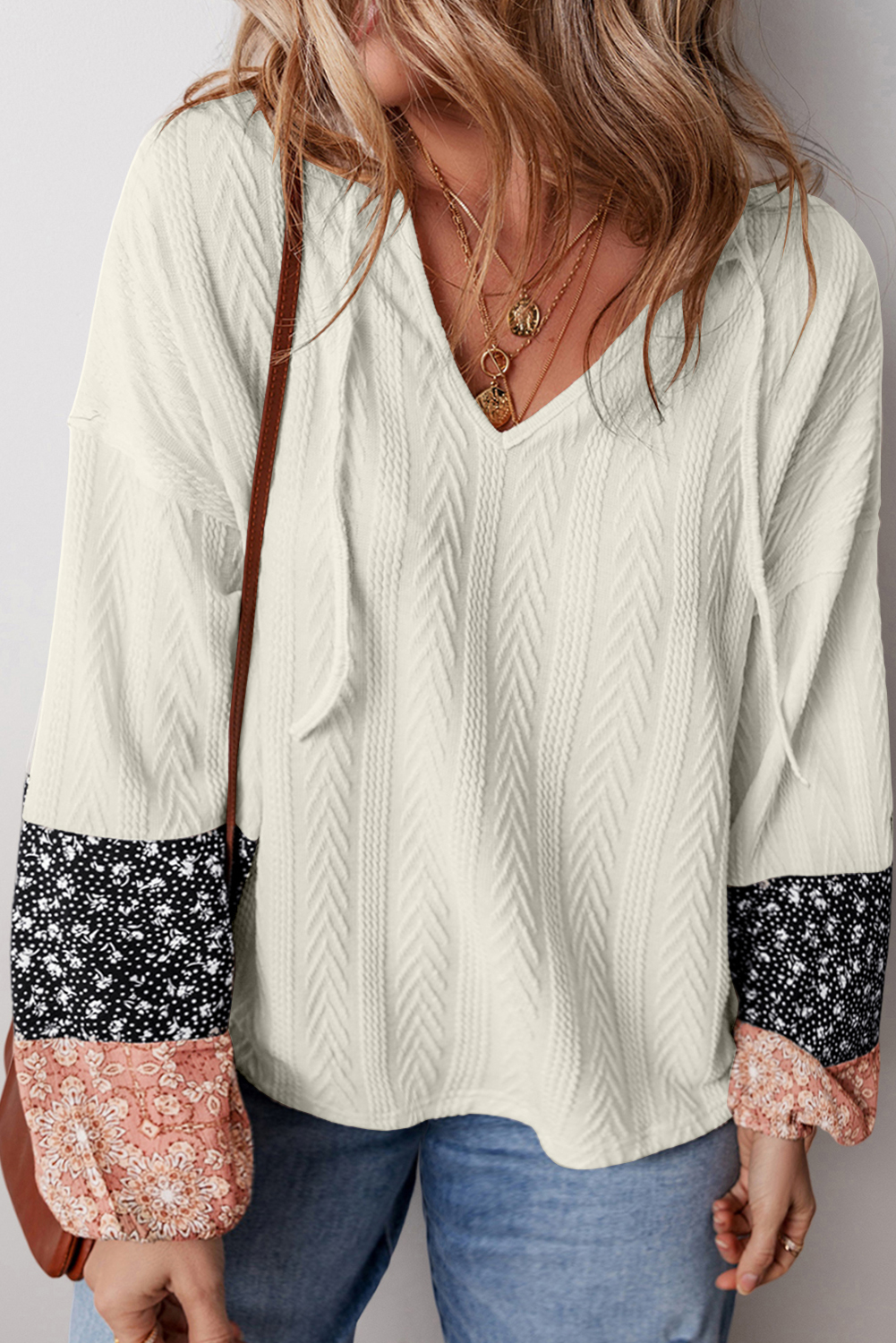 White Floral Patchwork Textured Knit Drawstring V Neck Blouse - loveforevers