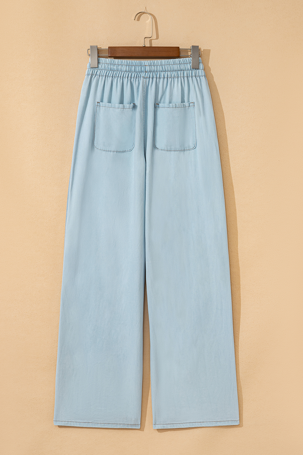 Beau Blue Light Wash Contrast Trim Center Seam Drawstring Elastic Waistband Wide Leg Denim Pants - loveforevers