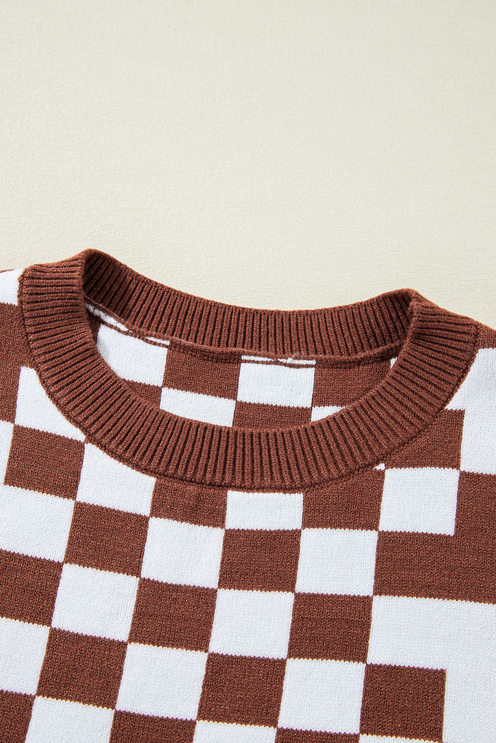 Khaki Checkered Print Drop Shoulder Round Neck Sweater - loveforevers