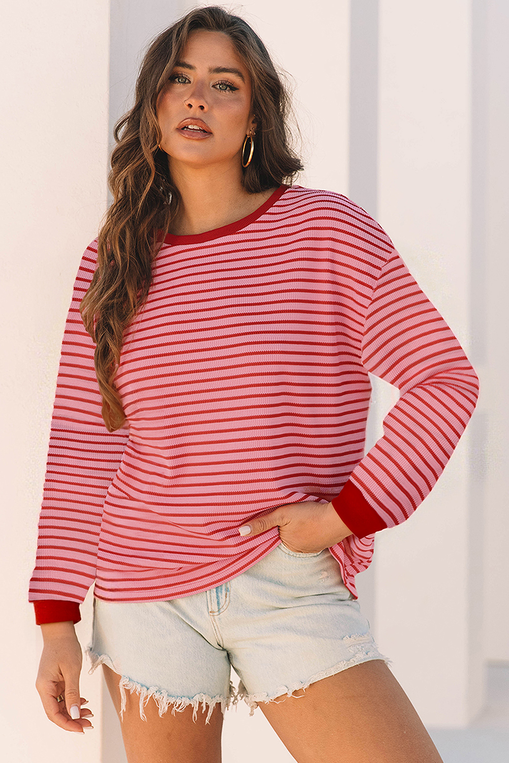 Pink Stripe Textured Round Neck Drop Shoulder Long Sleeve T Shirt - loveforevers