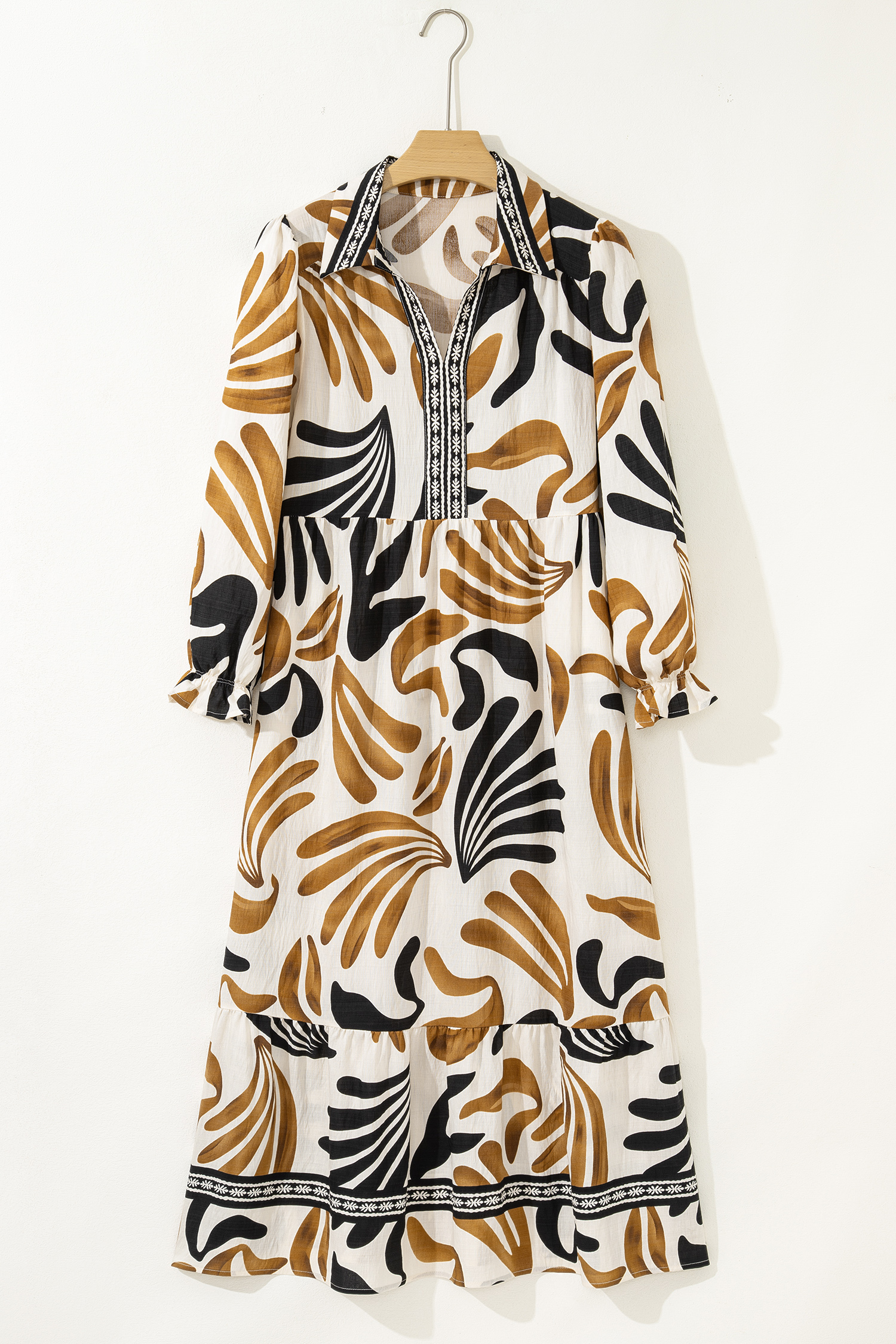 Brown Tropical Printed Contrast Trim Neck Long Sleeve Ruffle Hem Dress - loveforevers