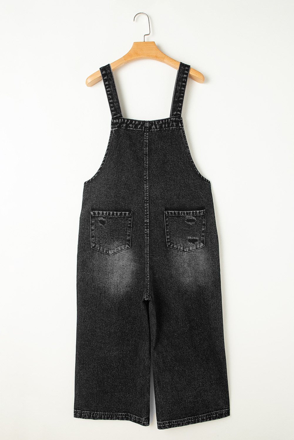Stone Blue Distressed Bib Pocket Wide Leg Denim Overall - loveforevers