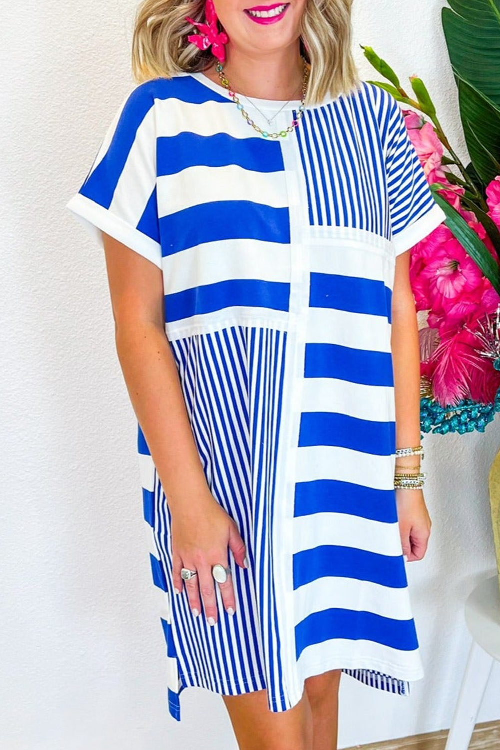 Blue Stripe Mixed Printed Short Sleeve Shift Mini T Shirt Dress - loveforevers