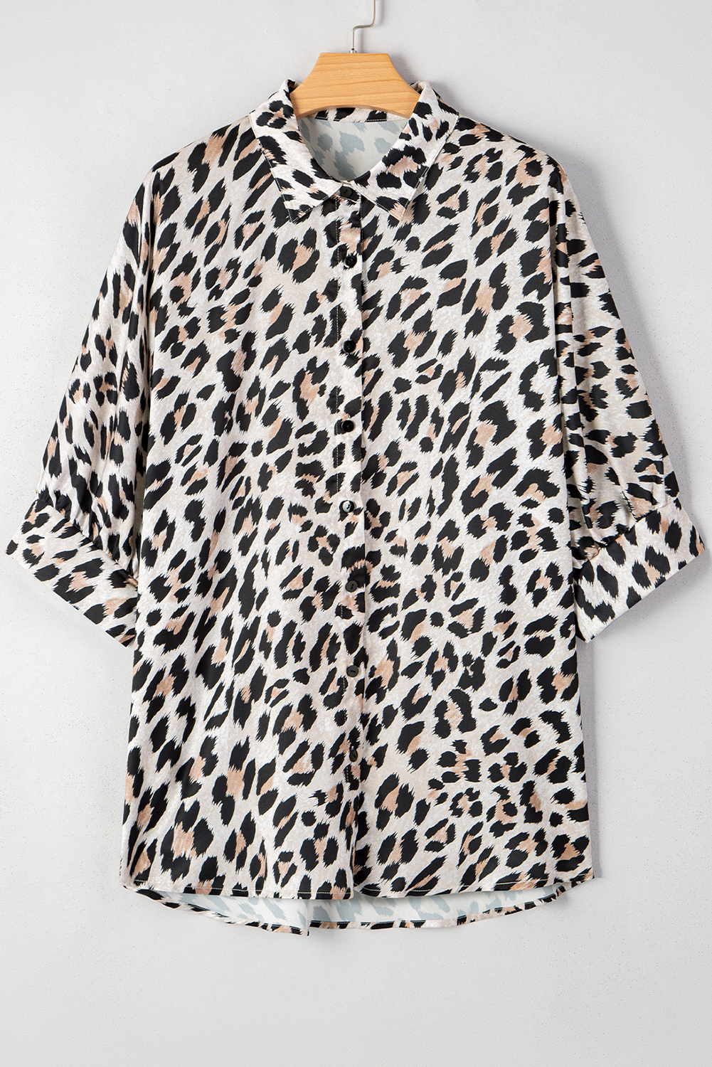 Beige Leopard Print Buttoned 3/4 Sleeve Loose Fit Shirt - loveforevers