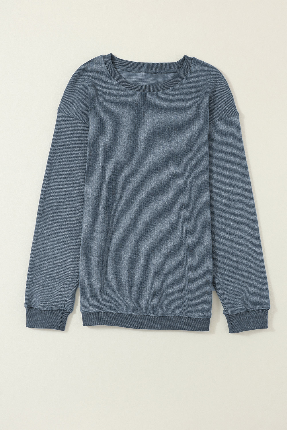 Pink Solid Ribbed Knit Round Neck Pullover Sweatshirt - loveforevers