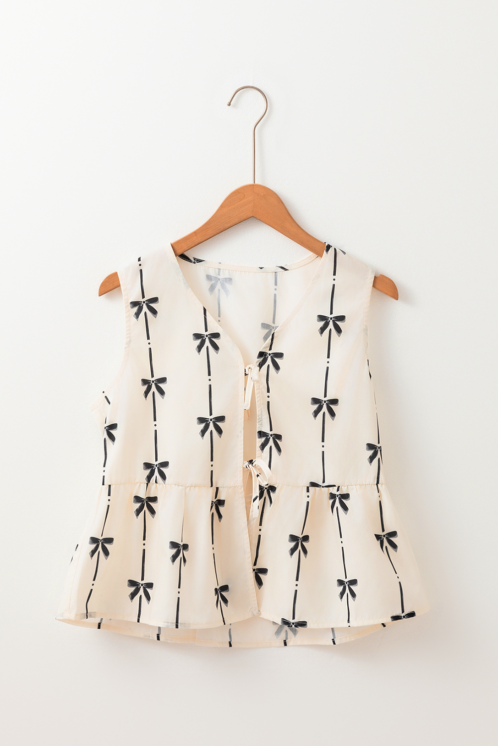 White Bow Printed Tie Closure Ruffled Vest - loveforevers