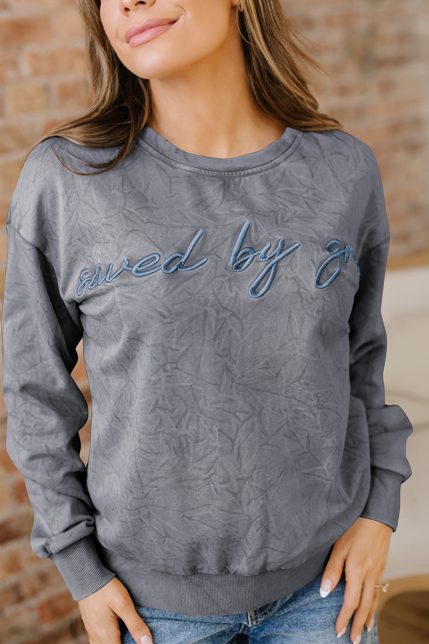 DUNE saved by grace Letter Embroidery Mineral Wash Loose Sweatshirt - loveforevers