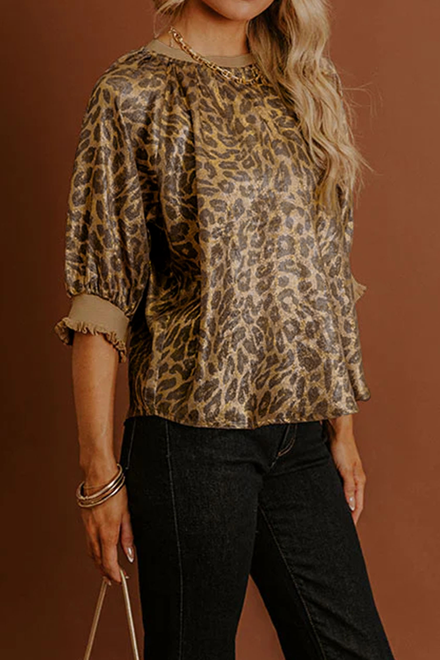 Gold  Half Sleeve Metallic Leopard Print Blouse - loveforevers