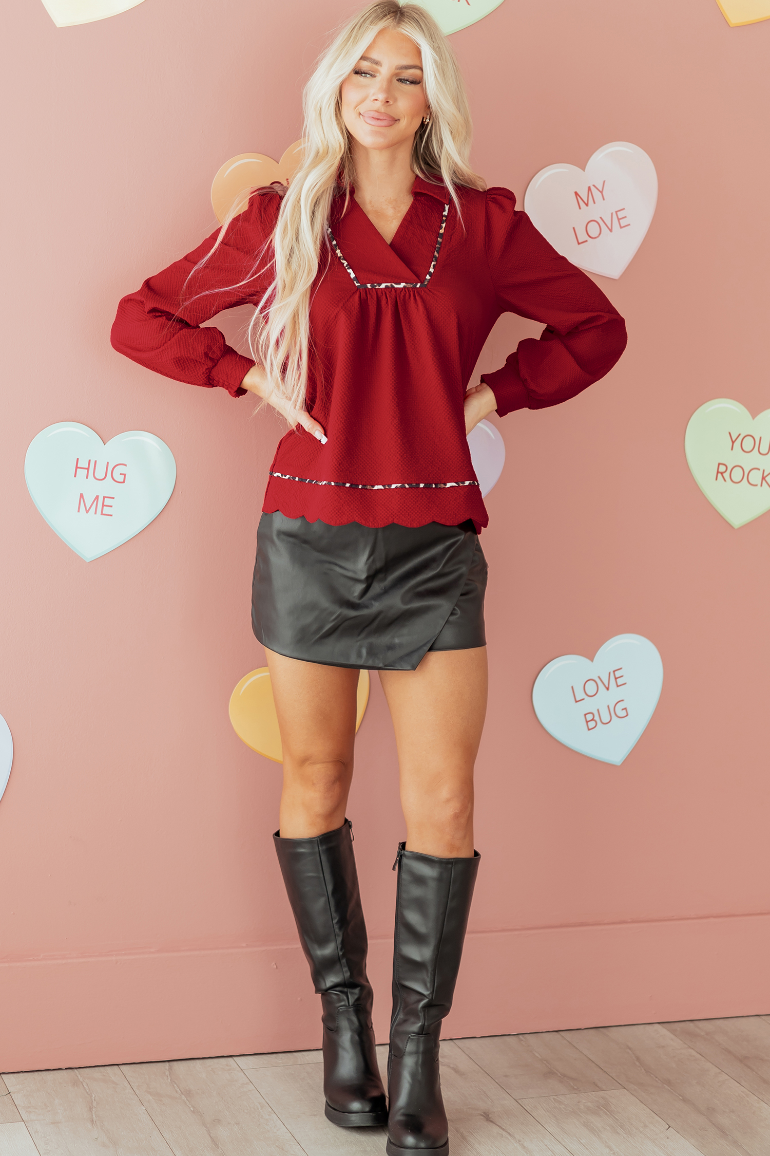 Fiery Red Textured V Neck Leopard Contrasted Trim Long Sleeve Shift Mini Dress - loveforevers