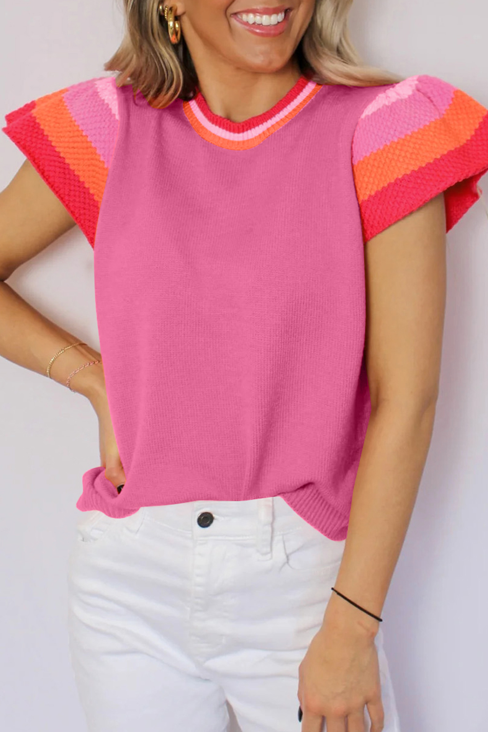 Bright Pink Contrast Flutter Sleeves Knitted Sweater T Shirt - loveforevers