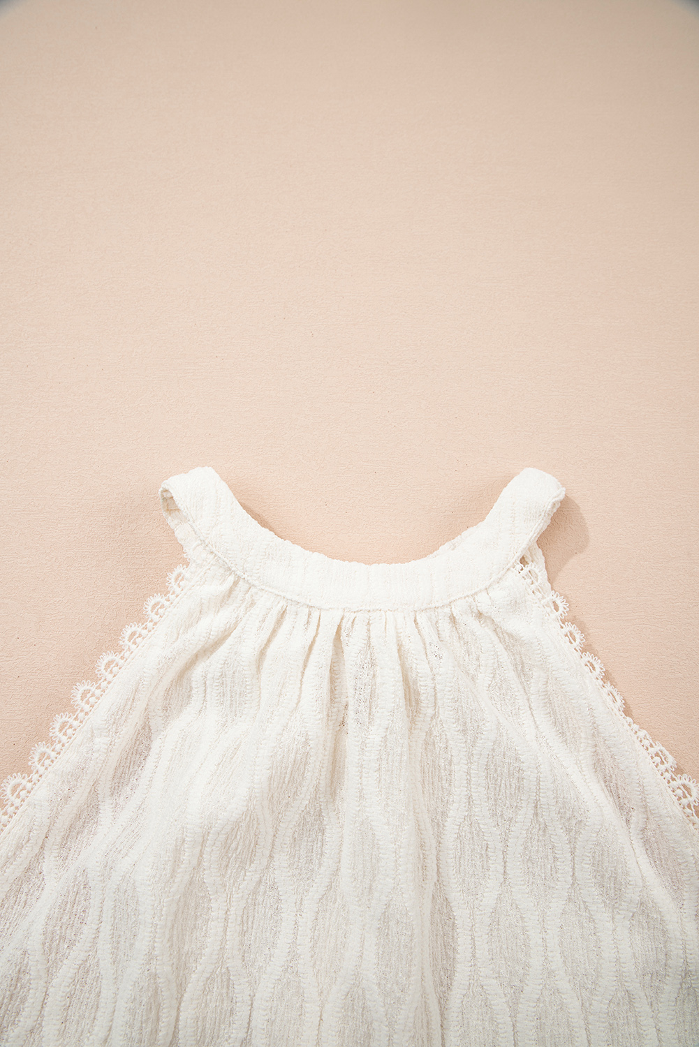 Beige Frenchy Lace Trim Textured Halter Tank Top - loveforevers