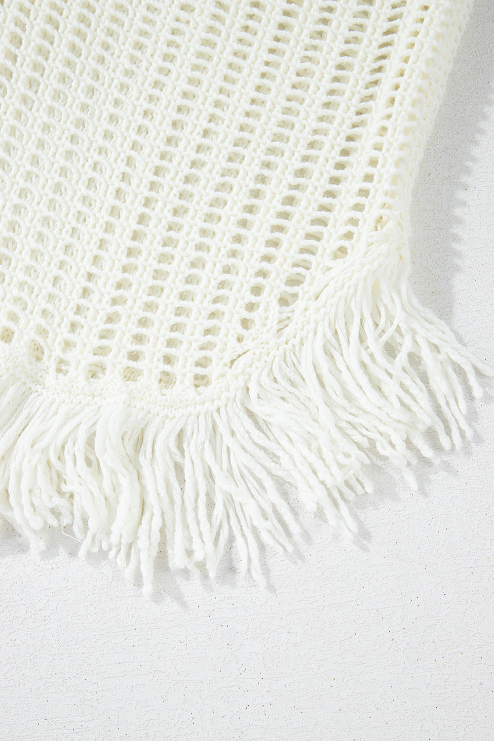 White Crochet Fishnet Fringed Edge V Neck Beach Cover Up - loveforevers