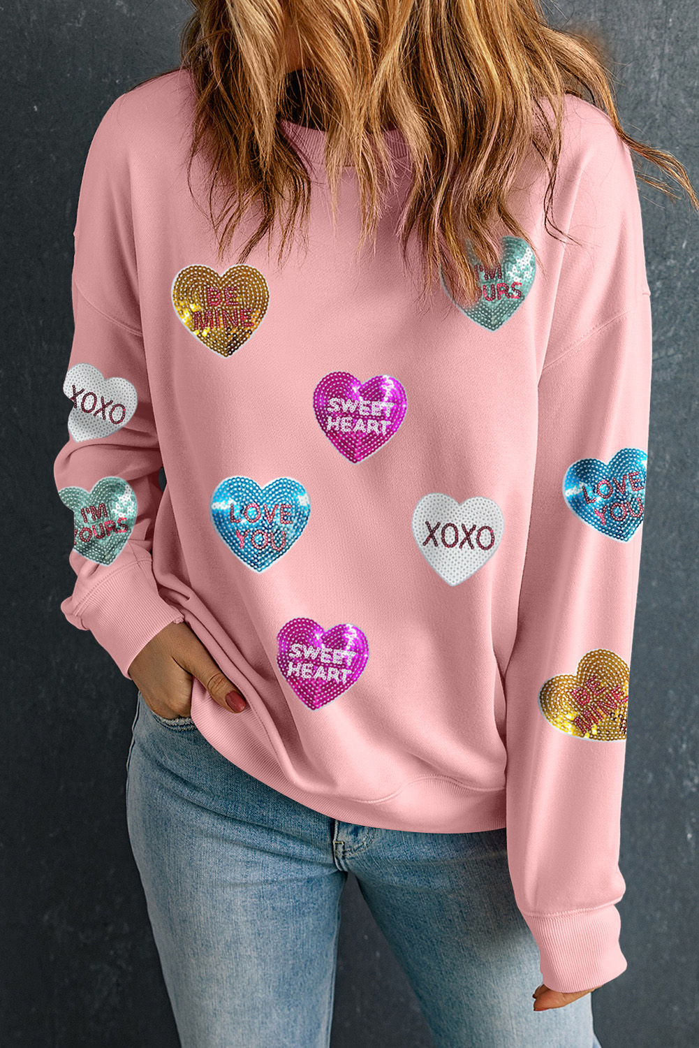 Pink Sequin Valentines Lettering Heart Patched Crewneck T Shirt - loveforevers