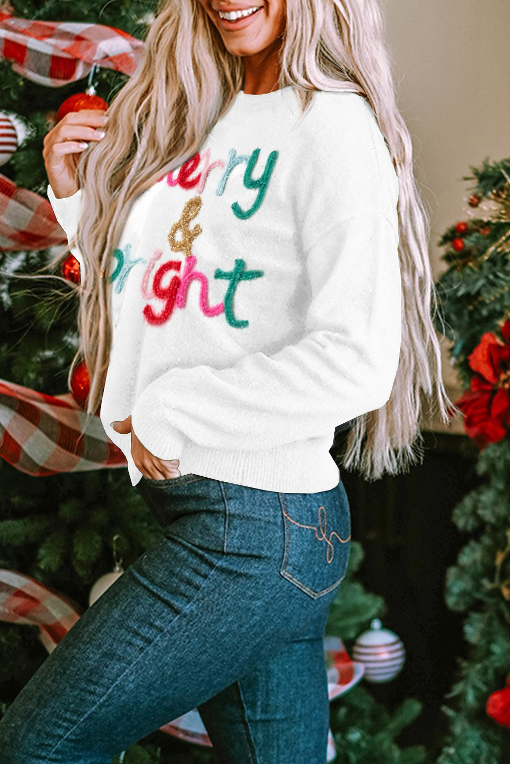 White Merry & Bright Round Neck Casual Sweater - loveforevers