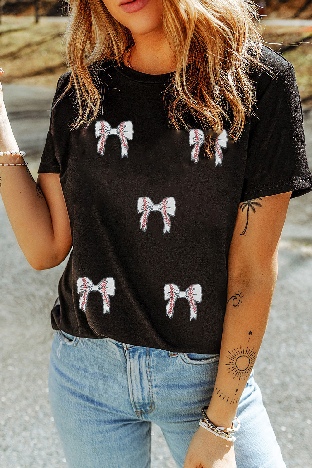 Black Glitter Baseball Bow Patched Cotton Blend T Shirt - loveforevers